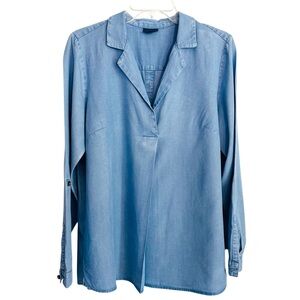 J.Jill Blue Chambray Long Sleeve Relaxed Notched Collar Back Button Blouse